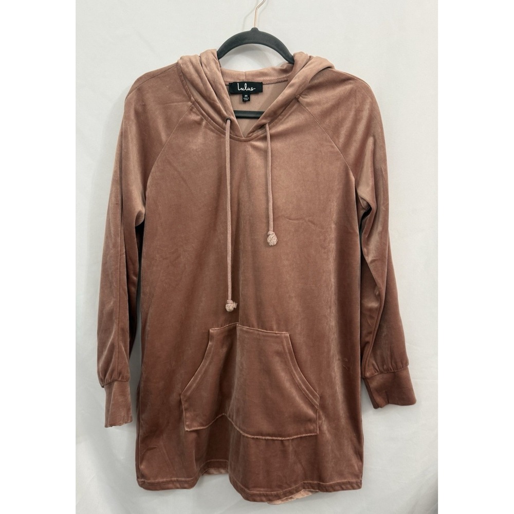 Lulus Pink Velour Hooded Sweatshirt Long Style Front Pocket Womens Size M *FLAW*